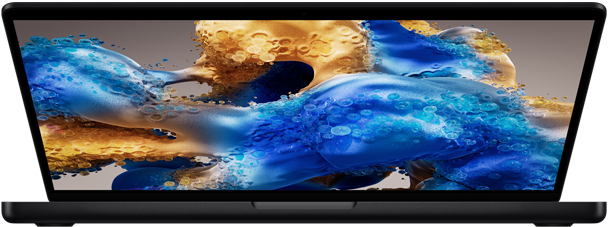 MacBook Pro yang sedikit terbuka memperlihatkan layar penuh warna
