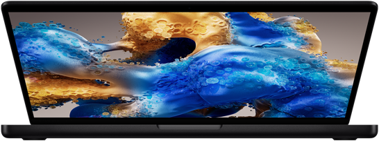 MacBook Pro yang sedikit terbuka memperlihatkan layar penuh warna