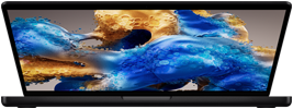 MacBook Pro yang sedikit terbuka memperlihatkan layar penuh warna