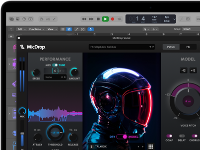 Konten layar yang menunjukkan perangkat lunak MicDrop menggunakan fitur AI untuk mengedit rekaman vokal di MacBook Pro