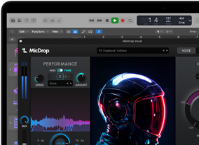 Konten layar yang menunjukkan perangkat lunak MicDrop menggunakan fitur AI untuk mengedit rekaman vokal di MacBook Pro
