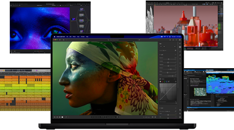 Berbagai konten layar penuh warna dari aplikasi produksi musik, pengeditan video, animasi 3D, dan pengeditan foto di Mac, yang menunjukkan performa grafis yang andal
