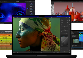 Berbagai konten layar penuh warna dari aplikasi produksi musik, pengeditan video, animasi 3D, dan pengeditan foto di Mac, yang menunjukkan performa grafis yang andal