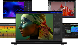 Berbagai konten layar penuh warna dari aplikasi produksi musik, pengeditan video, animasi 3D, dan pengeditan foto di Mac, yang menunjukkan performa grafis yang andal