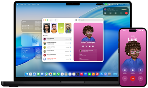 MacBook Pro 14 inci dan iPhone 16 — iPhone sedang melakukan panggilan ke kontak bernama Luis, sementara MacBook Pro menampilkan panggilan yang sama di aplikasi Telepon