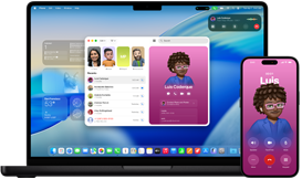 MacBook Pro 14 inci dan iPhone 16 — iPhone sedang melakukan panggilan ke kontak bernama Luis, sementara MacBook Pro menampilkan panggilan yang sama di aplikasi Telepon