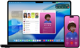 MacBook Pro 14 inci dan iPhone 16 — iPhone sedang melakukan panggilan ke kontak bernama Luis, sementara MacBook Pro menampilkan panggilan yang sama di aplikasi Telepon