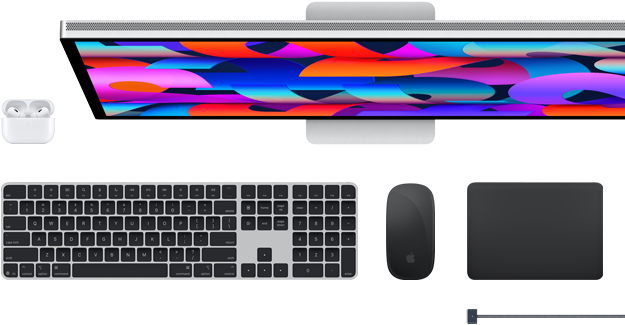Aksesori Mac: Airpods, Studio Display, Magic Keyboard, Magic Mouse, Magic Trackpad, kabel pengisi daya MagSafe dalam warna Hitam Angkasa