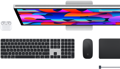 Aksesori Mac: Airpods, Studio Display, Magic Keyboard, Magic Mouse, Magic Trackpad, kabel pengisi daya MagSafe dalam warna Hitam Angkasa