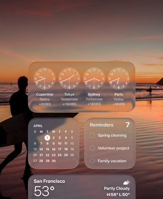 Widget Liquid Glass Jam, Kalender, Pengingat, dan Cuaca di layar macOS Tahoe, di atas gambar seorang peselancar yang berjalan di pantai saat matahari terbenam