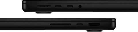 Menampilkan port di MacBook Pro — sisi kiri: MagSafe 3, dua port Thunderbolt, dan jek headphone — sisi kanan: slot kartu SDXC, satu port Thunderbolt, dan HDMI