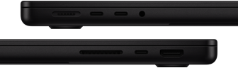 Menampilkan port di MacBook Pro — sisi kiri: MagSafe 3, dua port Thunderbolt, dan jek headphone — sisi kanan: slot kartu SDXC, satu port Thunderbolt, dan HDMI