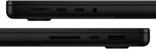 Menampilkan port di MacBook Pro — sisi kiri: MagSafe 3, dua port Thunderbolt, dan jek headphone — sisi kanan: slot kartu SDXC, satu port Thunderbolt, dan HDMI