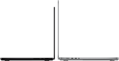MacBook Pro 14 inci dan 16 inci saling membelakangi, menunjukkan perbedaan ukuran dan menekankan profil yang ramping