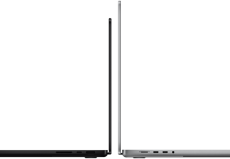 MacBook Pro 14 inci dan 16 inci saling membelakangi, menunjukkan perbedaan ukuran dan menekankan profil yang ramping
