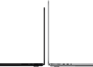 MacBook Pro 14 inci dan 16 inci saling membelakangi, menunjukkan perbedaan ukuran dan menekankan profil yang ramping