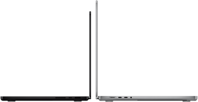 MacBook Pro 14 inci dan 16 inci saling membelakangi, menunjukkan perbedaan ukuran dan menekankan profil yang ramping