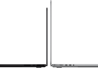 MacBook Pro 14 inci dan 16 inci saling membelakangi, menunjukkan perbedaan ukuran dan menekankan profil yang ramping