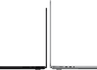 MacBook Pro 14 inci dan 16 inci saling membelakangi, menunjukkan perbedaan ukuran dan menekankan profil yang ramping