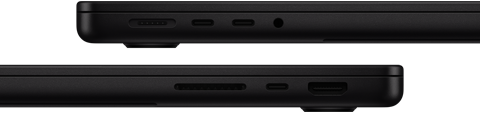 Menampilkan port di MacBook Pro — sisi kiri: MagSafe 3, dua port Thunderbolt, dan jek headphone — sisi kanan: slot kartu SDXC, satu port Thunderbolt, dan HDMI