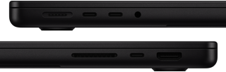 Menampilkan port di MacBook Pro — sisi kiri: MagSafe 3, dua port Thunderbolt, dan jek headphone — sisi kanan: slot kartu SDXC, satu port Thunderbolt, dan HDMI