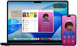 MacBook Pro dan iPhone 16 Plus, aplikasi Telepon terbuka, kontak yang sama ditampilkan di kedua layar