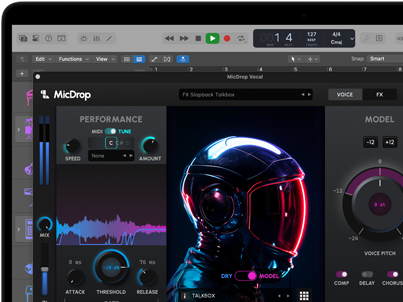 Konten layar yang menunjukkan perangkat lunak MicDrop menggunakan fitur AI untuk mengedit rekaman vokal di MacBook Pro