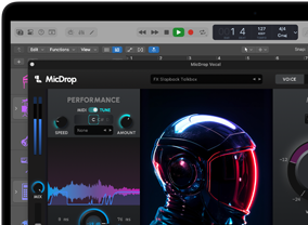 Konten layar yang menunjukkan perangkat lunak MicDrop menggunakan fitur AI untuk mengedit rekaman vokal di MacBook Pro