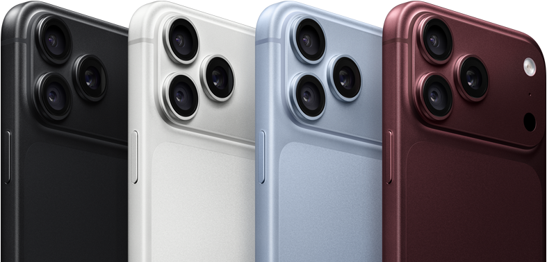 Sederet perangkat iPhone 18 Pro, eksterior belakang, keempat warna: Burgundi, Biru Gletser, Perak, Hitam, sistem kamera Pro Fusion di sudut kiri atas, 3 lensa, mikrofon, lampu kilat