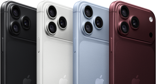Sederet perangkat iPhone 18 Pro, eksterior belakang, keempat warna: Burgundi, Biru Gletser, Perak, Hitam, sistem kamera Pro Fusion di sudut kiri atas, 3 lensa, mikrofon, lampu kilat