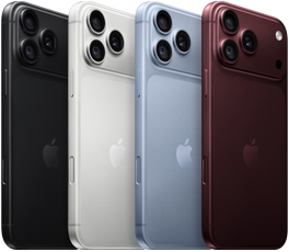 Sederet perangkat iPhone 18 Pro, eksterior belakang, keempat warna: Burgundi, Biru Gletser, Perak, Hitam, sistem kamera Pro Fusion di sudut kiri atas, 3 lensa, mikrofon, lampu kilat