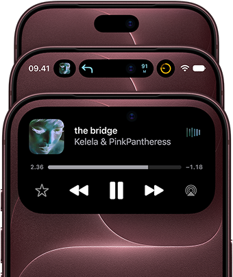 3 iPhone 18 Pro warna Burgundi yang tertata secara menyebar untuk menampilkan Dynamic Island dalam berbagai mode: nonaktif, diminimalkan, dimaksimalkan