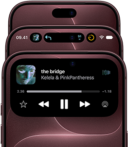 3 iPhone 18 Pro warna Burgundi yang tertata secara menyebar untuk menampilkan Dynamic Island dalam berbagai mode: nonaktif, diminimalkan, dimaksimalkan
