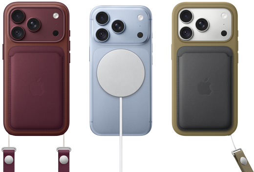 iPhone 18 Pro, eksterior belakang, Burgundi, Dompet FineWoven dengan MagSafe warna Burgundi; iPhone 18 Pro, eksterior belakang, Biru Gletser, dengan Baterai Magsafe; iPhone 18 Pro, eksterior belakang, warna Perak, dengan Casing Silikon warna Hijau dan Pengisi Daya MagSafe