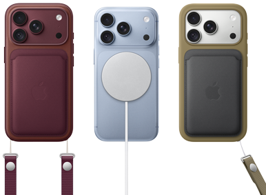 iPhone 18 Pro, eksterior belakang, Burgundi, Dompet FineWoven dengan MagSafe warna Burgundi; iPhone 18 Pro, eksterior belakang, Biru Gletser, dengan Baterai Magsafe; iPhone 18 Pro, eksterior belakang, warna Perak, dengan Casing Silikon warna Hijau dan Pengisi Daya MagSafe