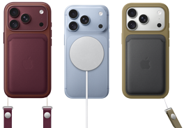 iPhone 18 Pro, eksterior belakang, Burgundi, Dompet FineWoven dengan MagSafe warna Burgundi; iPhone 18 Pro, eksterior belakang, Biru Gletser, dengan Baterai Magsafe; iPhone 18 Pro, eksterior belakang, warna Perak, dengan Casing Silikon warna Hijau dan Pengisi Daya MagSafe