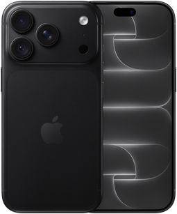 iPhone 18 Pro, eksterior belakang, warna hitam, sistem kamera Pro Fusion di bagian atas, logo Apple di tengah, eksterior depan, desain layar menyeluruh