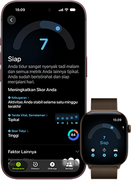 iPhone 18 Pro, hitam, eksterior depan, menampilkan hasil status Kesiapan (skor 7), dipasangkan dengan Apple Watch, menghadap depan, cokelat, menampilkan skor Kesiapan yang sama yaitu 7