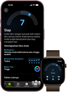 iPhone 18 Pro, hitam, eksterior depan, menampilkan hasil status Kesiapan (skor 7), dipasangkan dengan Apple Watch, menghadap depan, cokelat, menampilkan skor Kesiapan yang sama yaitu 7