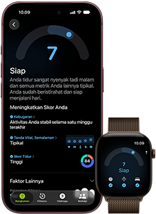 iPhone 18 Pro, hitam, eksterior depan, menampilkan hasil status Kesiapan (skor 7), dipasangkan dengan Apple Watch, menghadap depan, cokelat, menampilkan skor Kesiapan yang sama yaitu 7