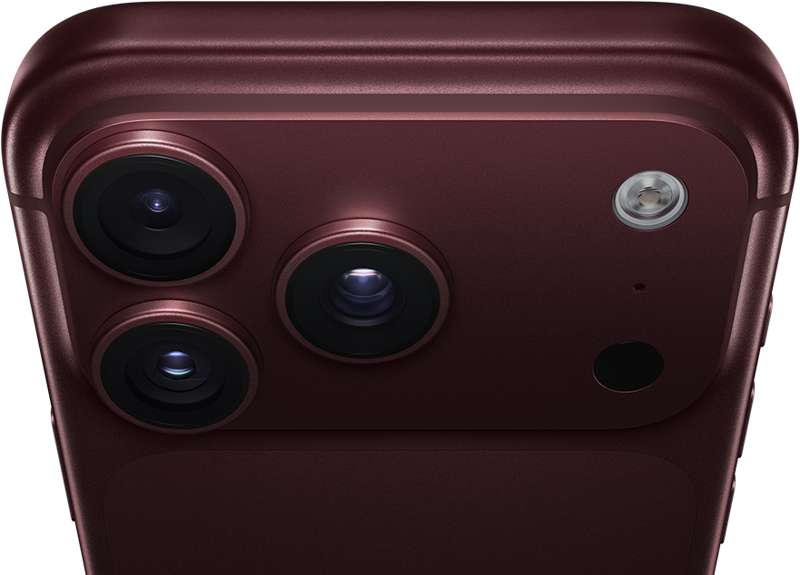iPhone 18 Pro Max, warna burgundi (merah tua), eksterior belakang, sistem kamera Pro Fusion di bagian atas, 3 lensa, bilah aperture variabel tertutup sebagian, lampu kilat, mikrofon, dan LiDAR Scanner, eksterior atas, antena seluler, sisi datar, tepian melengkung