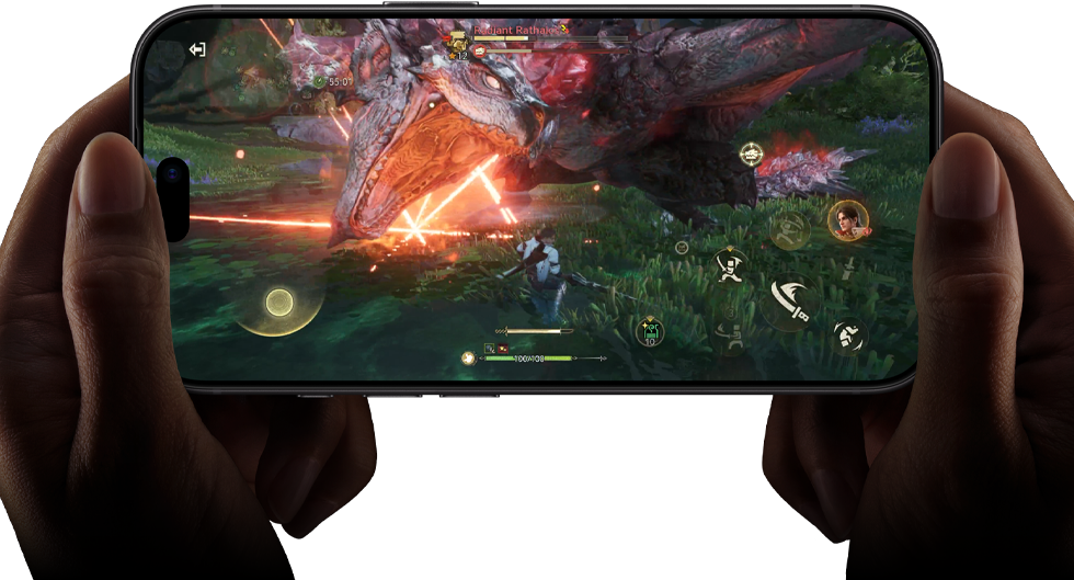 iPhone 18 Pro, eksterior depan, menunjukkan kemampuan performa chip A20 Pro dengan adegan dari Monster Hunter Outlanders