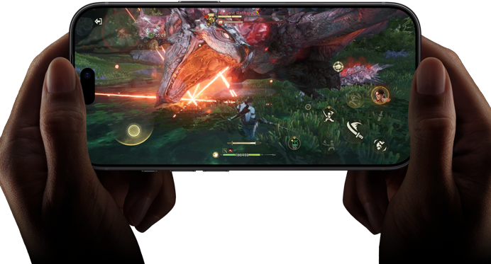 iPhone 18 Pro, eksterior depan, menunjukkan kemampuan performa chip A20 Pro dengan adegan dari Monster Hunter Outlanders