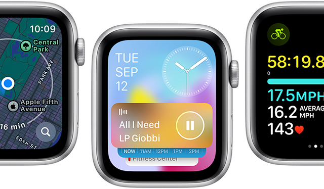 Tampilan depan layar Apple Watch SE menampilkan berbagai layar aplikasi terbaru.