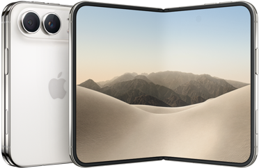 iPhone [V68], eksterior belakang dilipat, warna [L8], sistem kamera Dual Fusion di kiri atas, logo Apple di tengah. Layar interior tidak dilipat, desain layar menyeluruh, sudut melengkung
