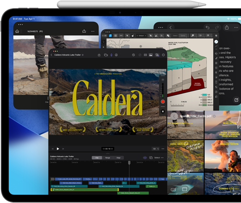 iPad Pro, eksterior depan, orientasi lanskap, warna hitam angkasa, Apple Pencil bertumpu di atas perangkat, layar menampilkan beberapa jendela aplikasi yang ditata, termasuk Final Cut Pro dengan beberapa fitur dan garis waktu pengeditan video, Peta, Catatan, dan berbagai klip media