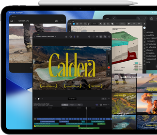 iPad Pro, eksterior depan, orientasi lanskap, warna hitam angkasa, Apple Pencil bertumpu di atas perangkat, layar menampilkan beberapa jendela aplikasi yang ditata, termasuk Final Cut Pro dengan beberapa fitur dan garis waktu pengeditan video, Peta, Catatan, dan berbagai klip media