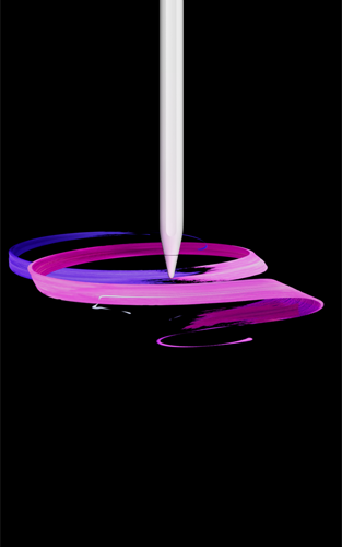 Apple Pencil Pro, eksterior depan, orientasi potret, tampilan samping, warna putih, menggambar desain pita ungu dan pink abstrak