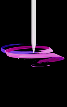 Apple Pencil Pro, eksterior depan, orientasi potret, tampilan samping, warna putih, menggambar desain pita ungu dan pink abstrak