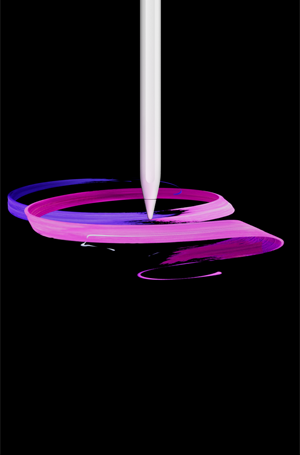 Apple Pencil Pro, eksterior depan, orientasi potret, tampilan samping, warna putih, menggambar desain pita ungu dan pink abstrak